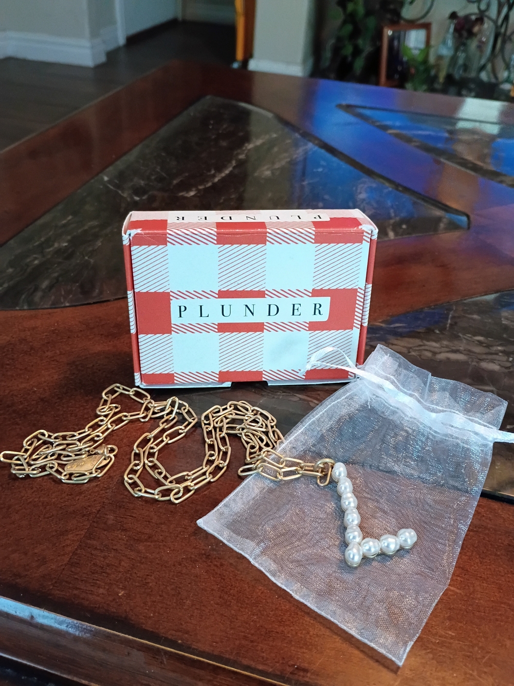 Plunder Gold Chain Necklace with Pearl 'L' Pendant